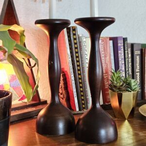 Vtg Tall Candle Holders Turned Dark Wood Set of 2 Felted Base Bohemia Candelabra